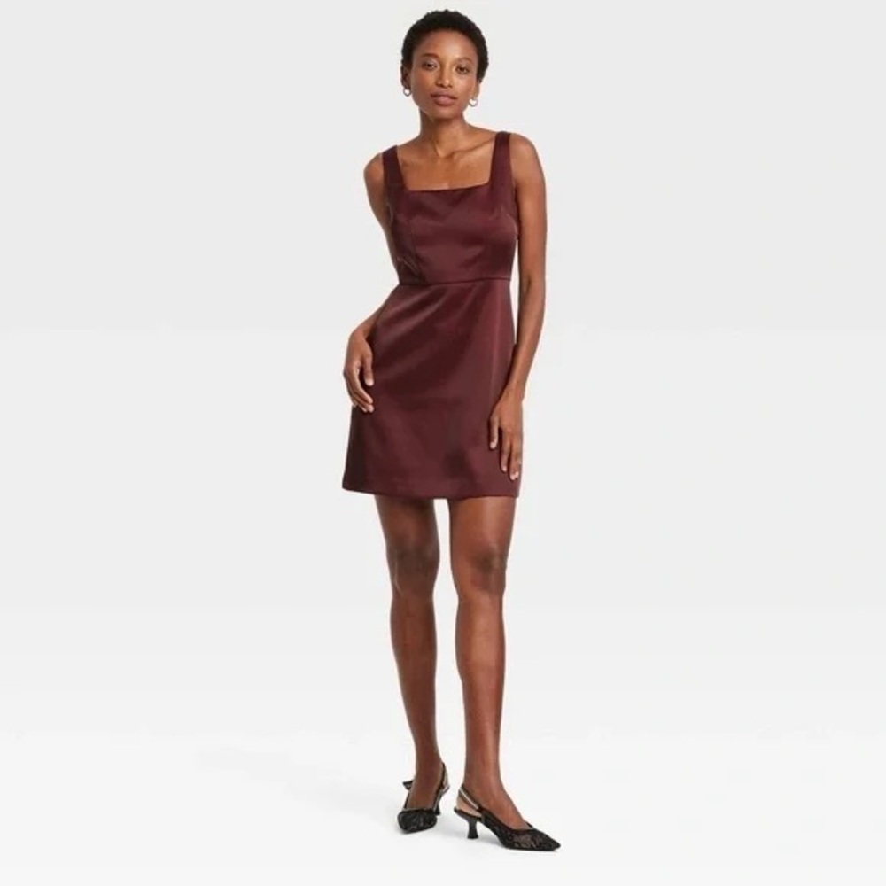 A New Day Burgundy Satin Square Neck Mini Dress NWT